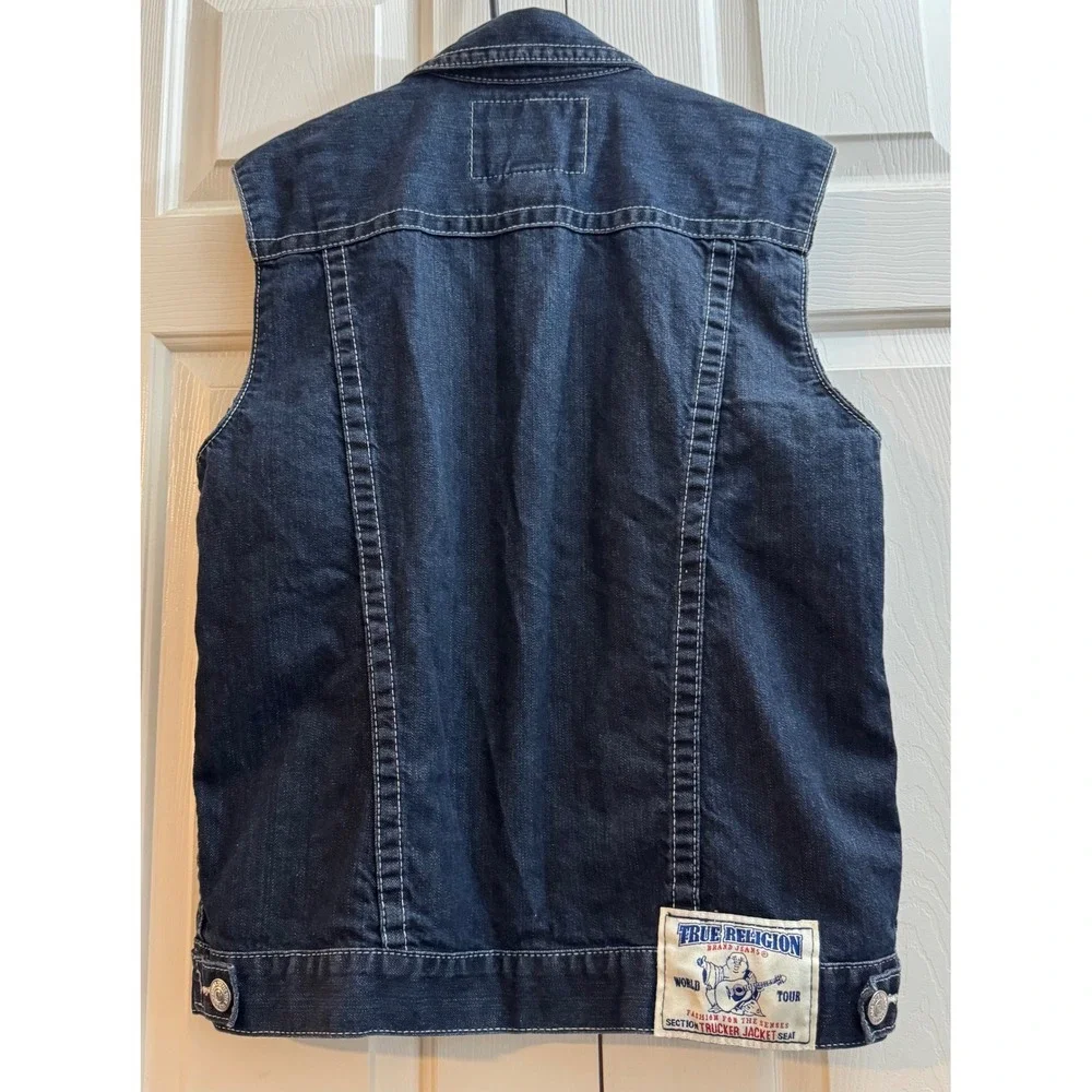 True Religion World Tour Denim Trucker Vest Dark Wash Horseshoe Pocket Y2K Biker